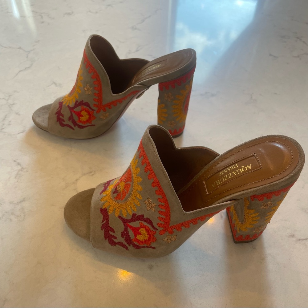 NWT 🧡 Aquazzura Evie Mule 105 Size 36.5 in Grey/Tan Suede w/ Orange Embroidery - Picture 5 of 10